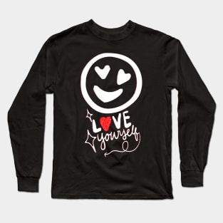 Emoji Love yourself very much!. Happy emoji face with red and white hearts. Long Sleeve T-Shirt